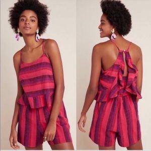 Anthropologie Melia Amandi Linen Ruffle Romper Striped Pink Sz S